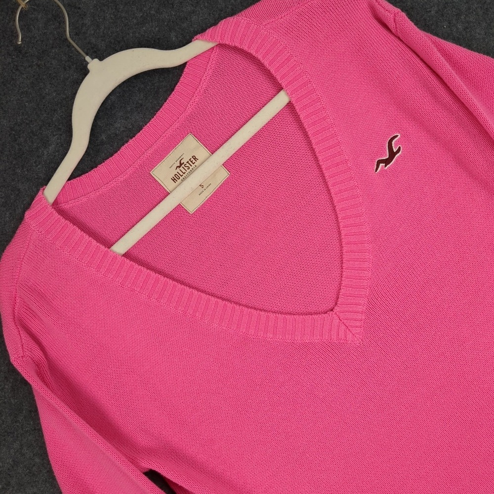 Hollister V Neck Sweater Bright Pink Long‎ Sleeve Casual Size S